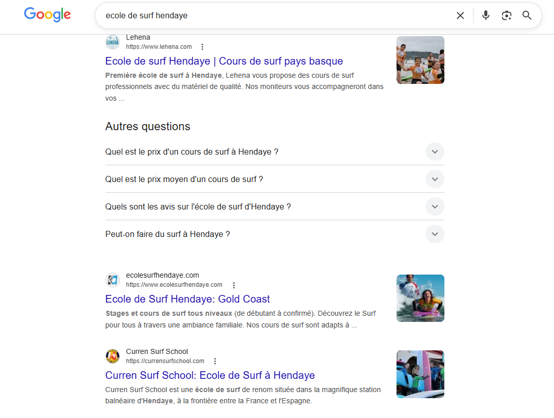 Capture Google Search — Curren Surf School en Top 4 organique sur la requête ecole de surf hendaye
