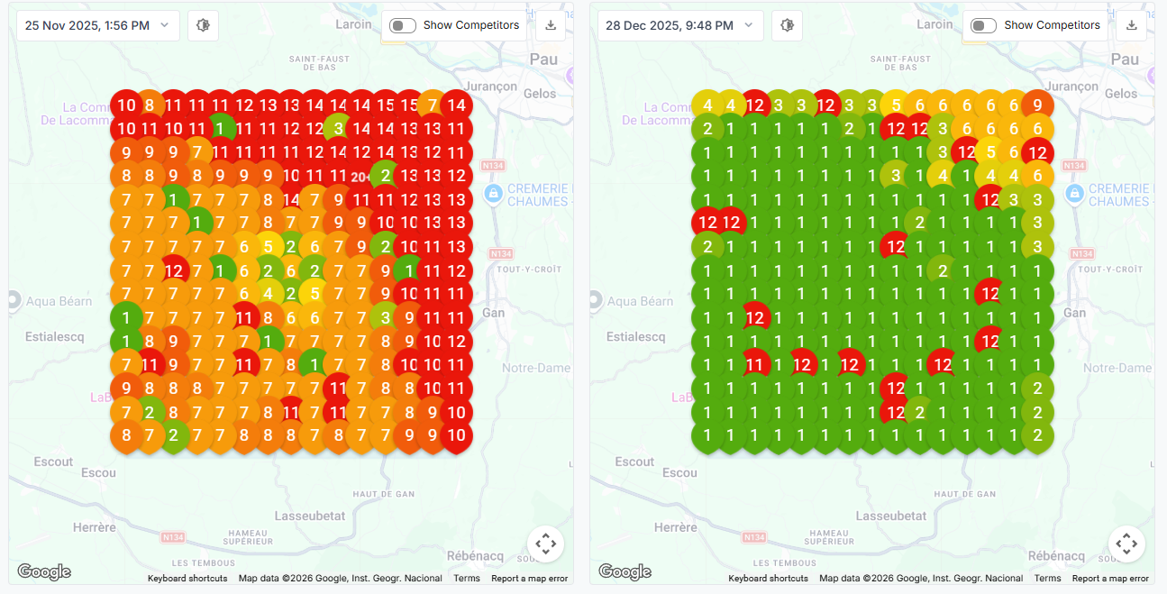 Évolution grid rank tracker Pisciniste Pau — mars majoritairement rouge hors Top 10, avril majoritairement vert Top 5 après 1 mois de SEO local