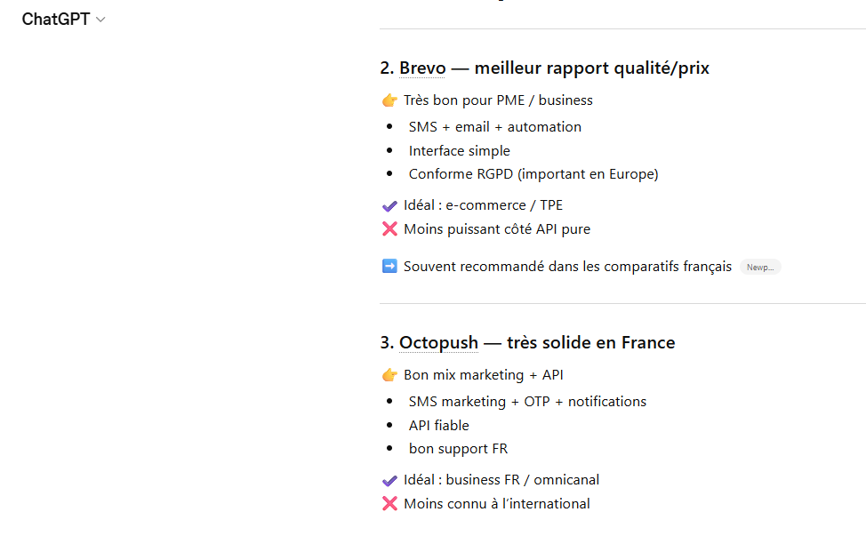 Réponse ChatGPT citant Octopush en 3e position sur meilleure plateforme envoi SMS